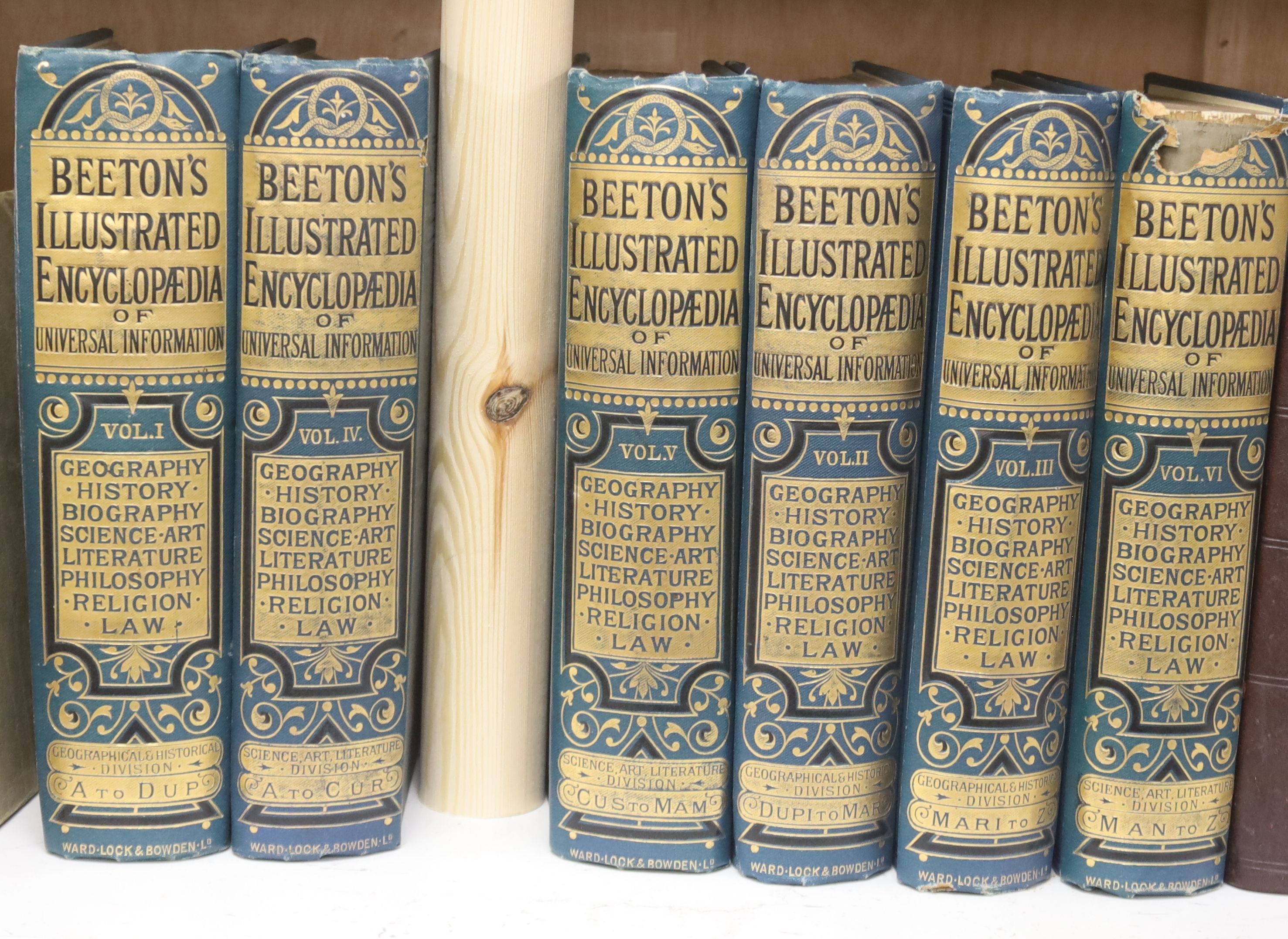 Beeton’s Illustrated Encyclopaedia of Universal Information …, 6 vols, new edition, corrected and revised (etc.), numerous plats and coloured folded maps; gilt decorated and blind pictorial cloth, thick plates roy. 8vo.,